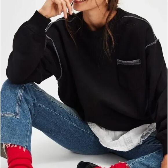 NEW Free People We The Free Wallace Pullover Crewneck Sweatshirt Black Large - Picture 3 of 6